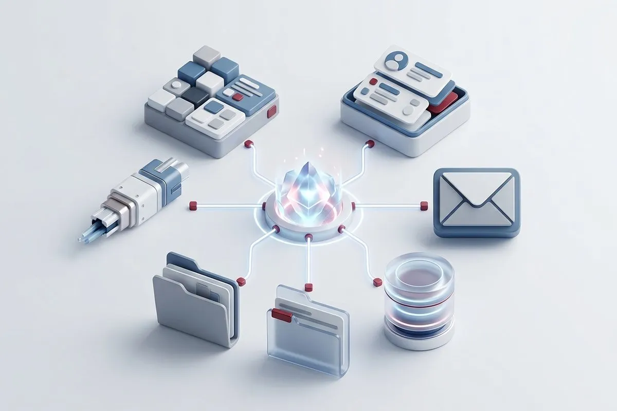Diagram of an AI agent connected to the ERP, the CRM, email, the database, the file server, and external APIs