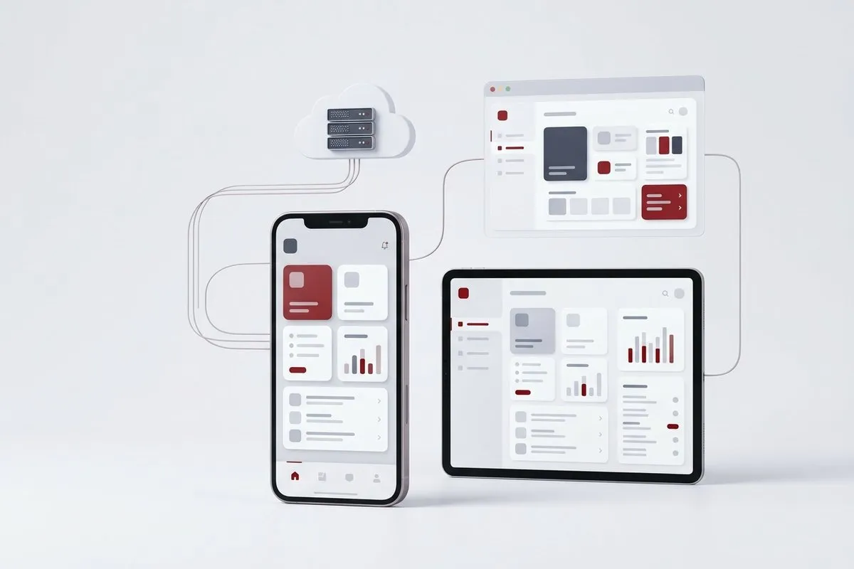 A phone and a tablet with the same app, connected to a cloud server and a web management panel