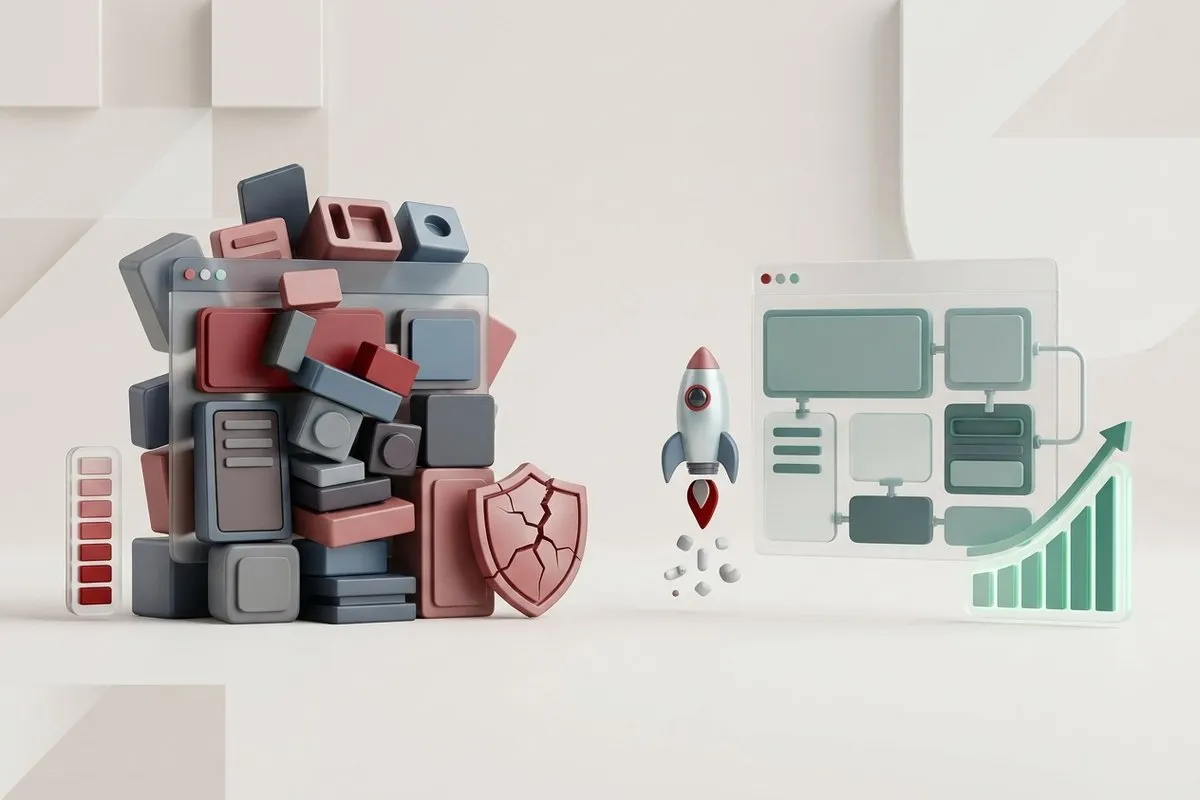 A website overloaded with plugins and a cracked shield, next to a lightweight website with a rocket taking off