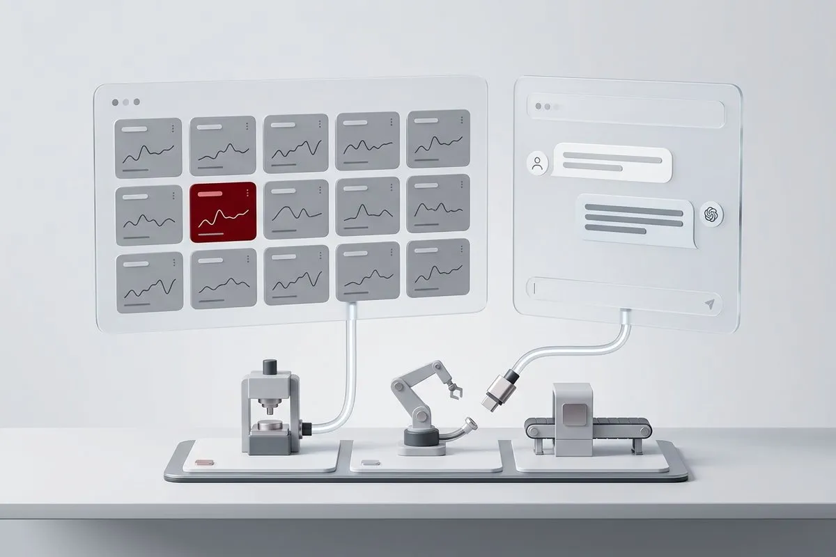Our test environment: a dashboard with the status of each machine and a chat with the AI, using test data