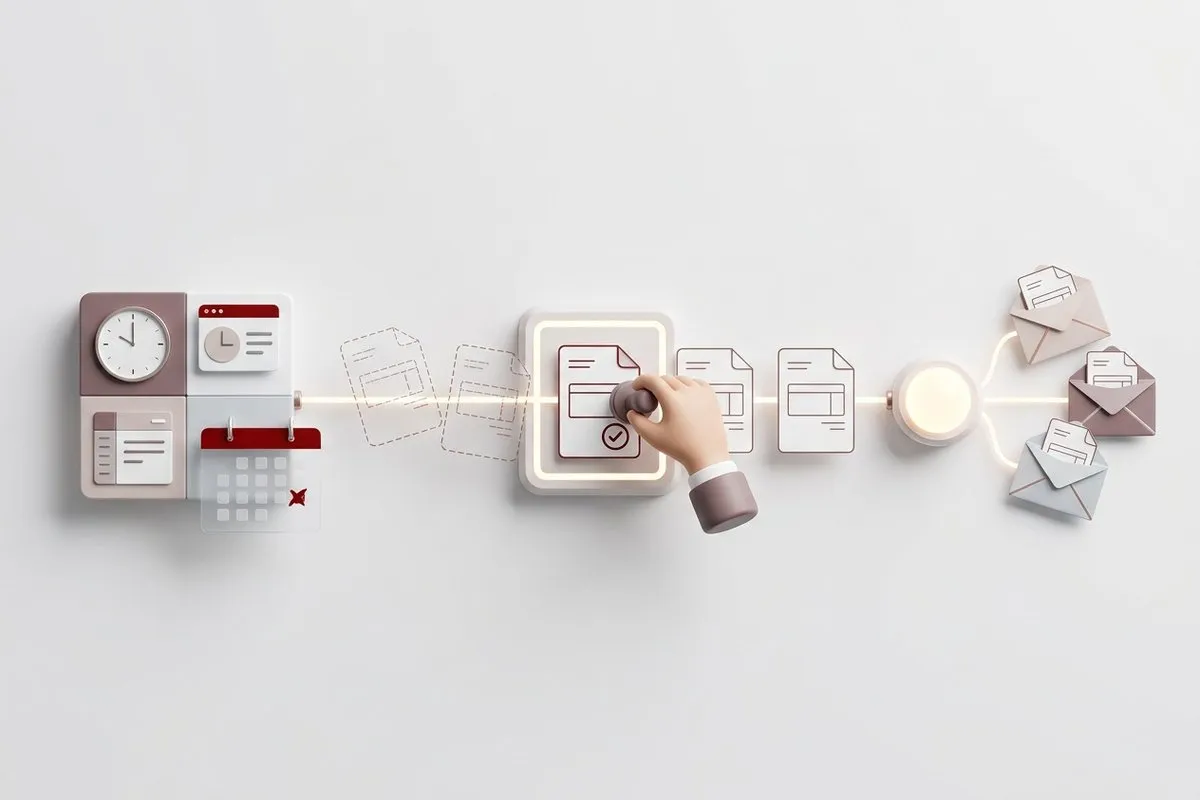 Workflow diagram: the hours in the ERP generate the draft invoices, accounting reviews them, and the AI writes the email with the approved invoice