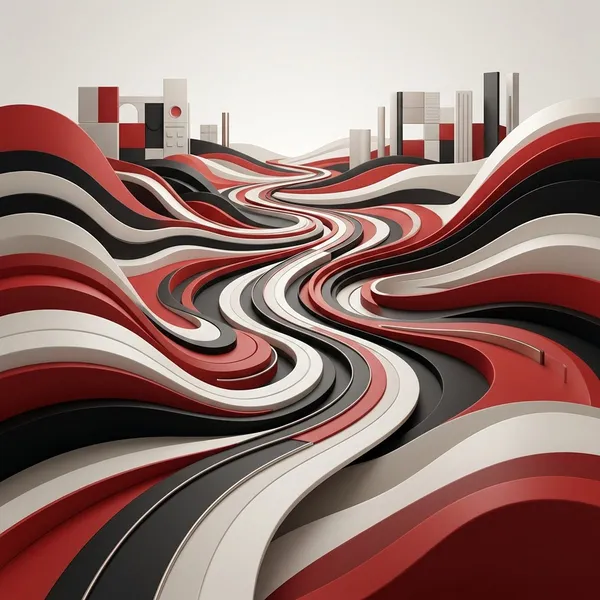 Abstract red, black and white landscape with a path winding toward some buildings