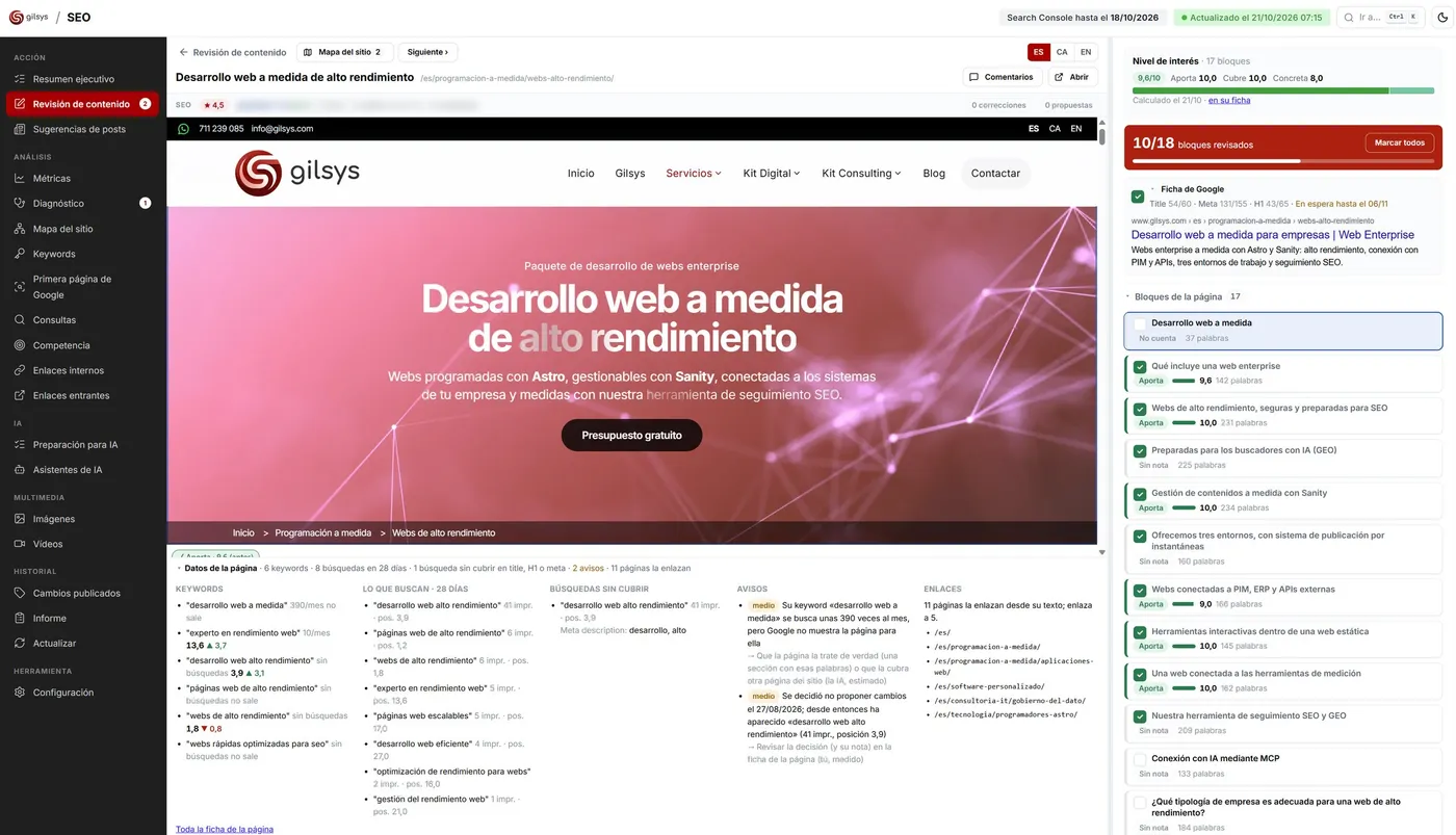 Screenshot of our SEO and GEO monitoring tool reviewing a page, with its interest level and reviewed blocks