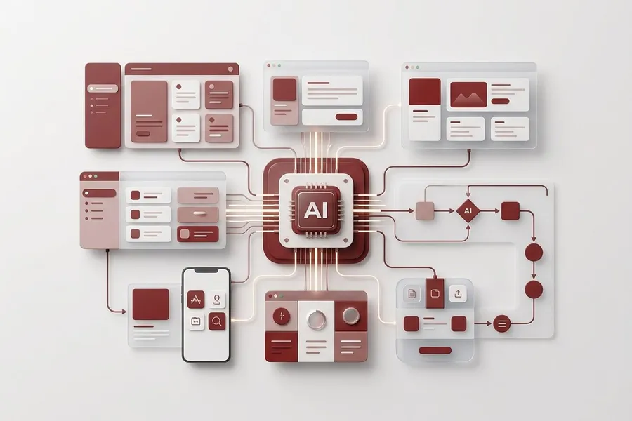 Un módulo de inteligencia artificial conectado a aplicaciones web, una app móvil y un flujo de automatización