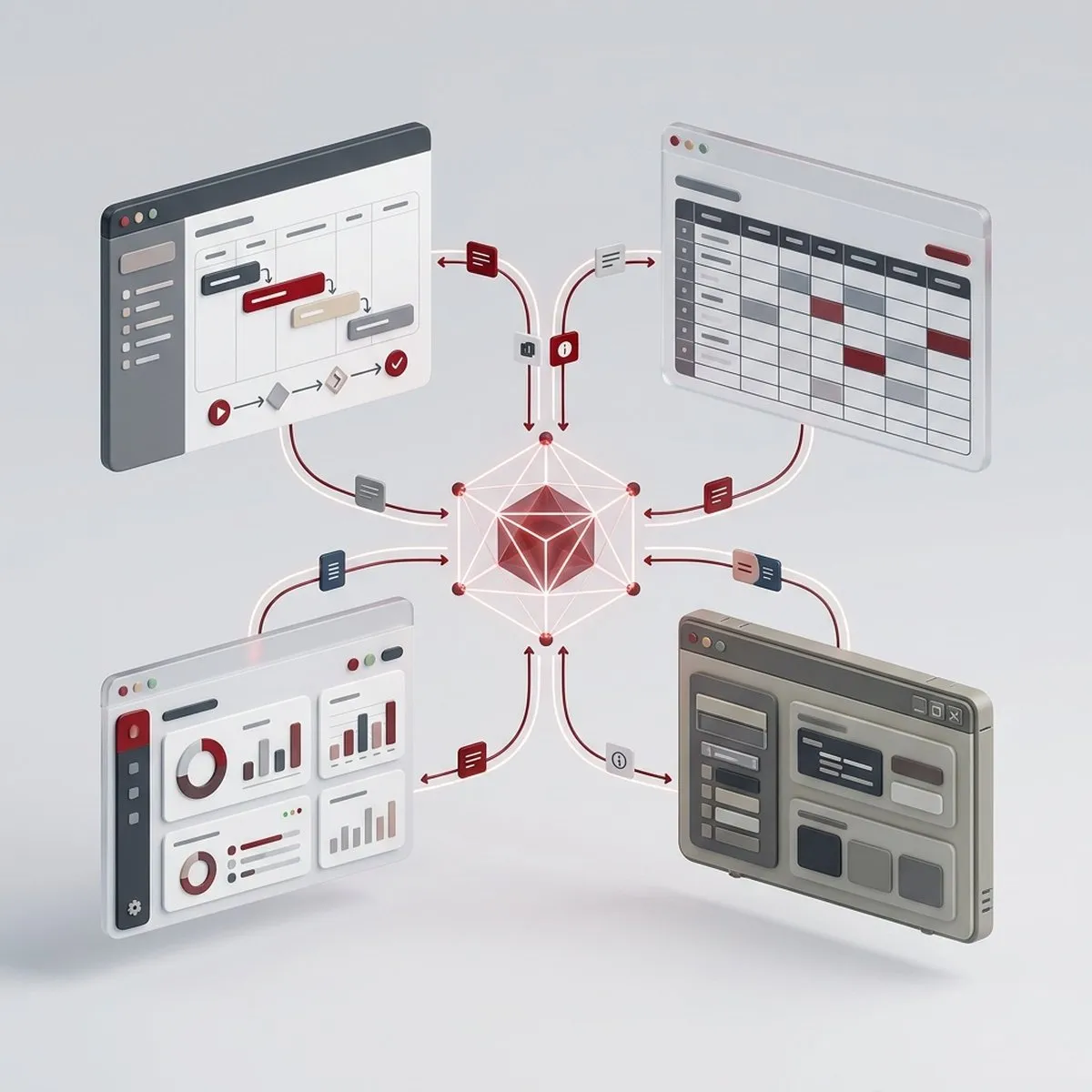 Diverses aplicacions de l'empresa connectades que intercanvien dades a través d'un node central