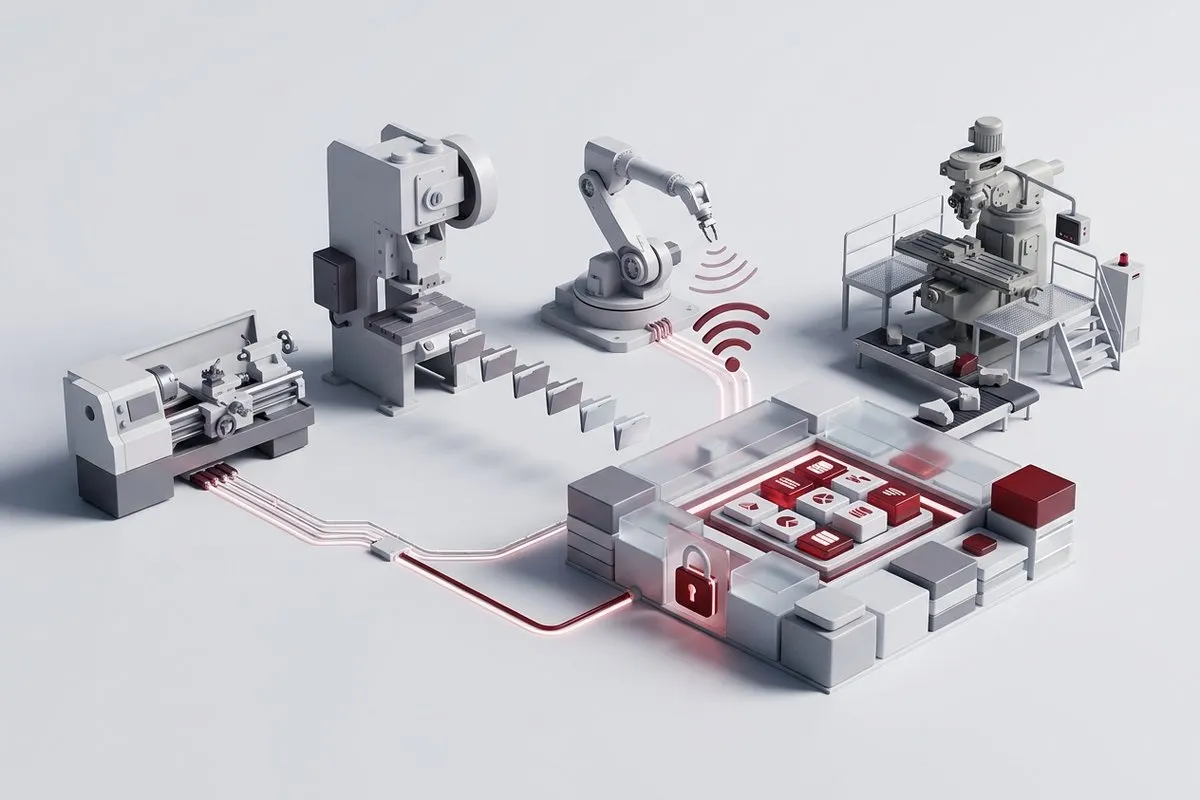 Diagram: the machines in the plant connect through API, SCADA, or OPC UA, and their data is unified