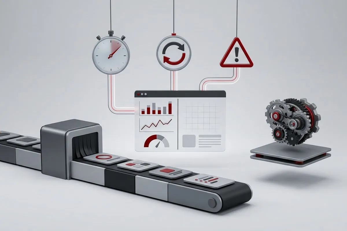 A process measured before automating it: time, repetitions, and errors on a dashboard