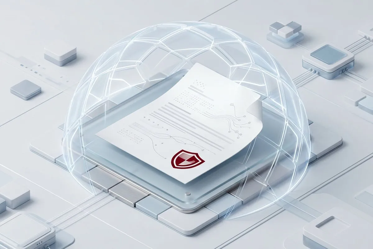 Document with personal data protected under a transparent dome, with a shield seal