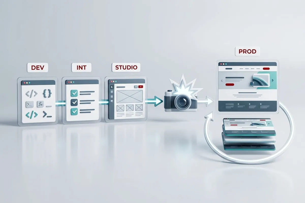 Diagram of the development, integration and Studio environments, and publication to production