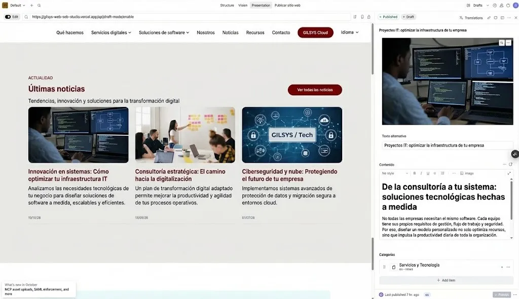 Screenshot of Sanity Studio, with the website preview on the left and a news item being edited on the right