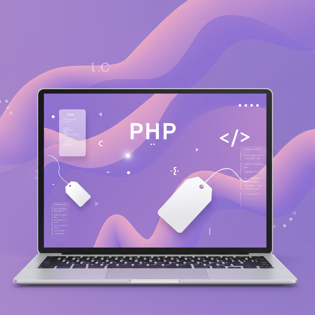 Ordinador mostrant elements visuals relacionats amb PHP, etiquetes i símbols