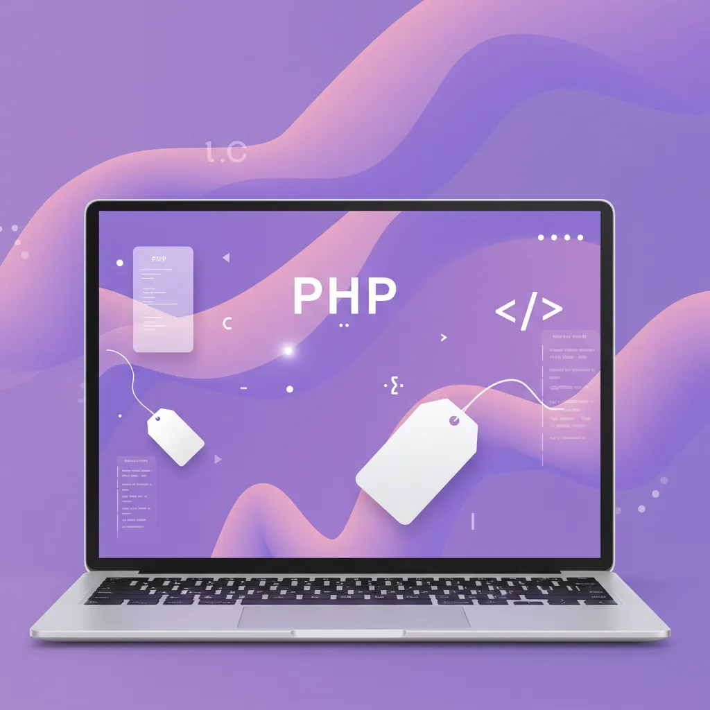 Ordinador mostrant elements visuals relacionats amb PHP, etiquetes i símbols