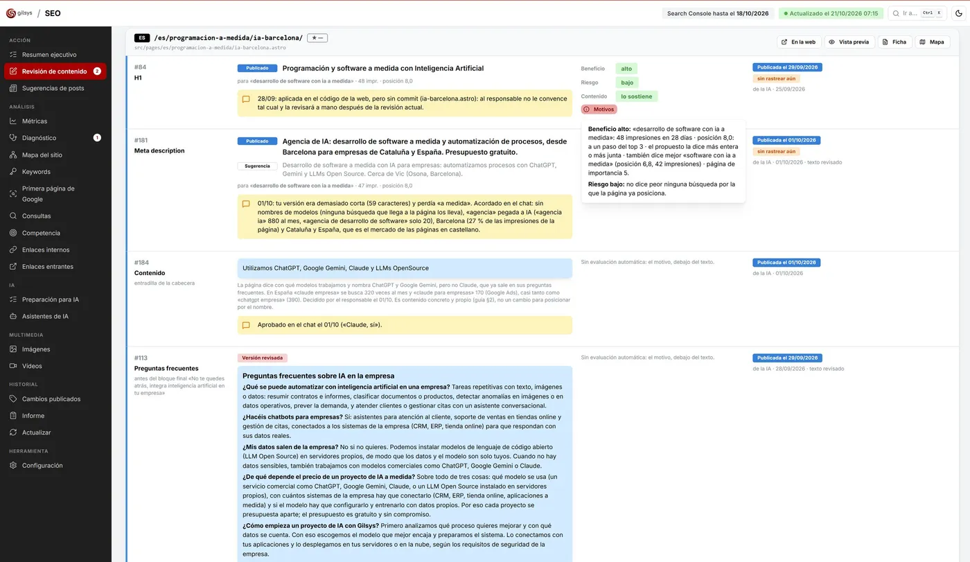Screenshot of the improvement proposals in our tool, with their benefit, their risk and the reasons behind them